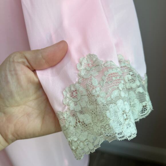 Vintage Van Raalte Nylon Night Gown Bubblegum Pink Lace Overcoat Sz Small - Picture 5 of 7